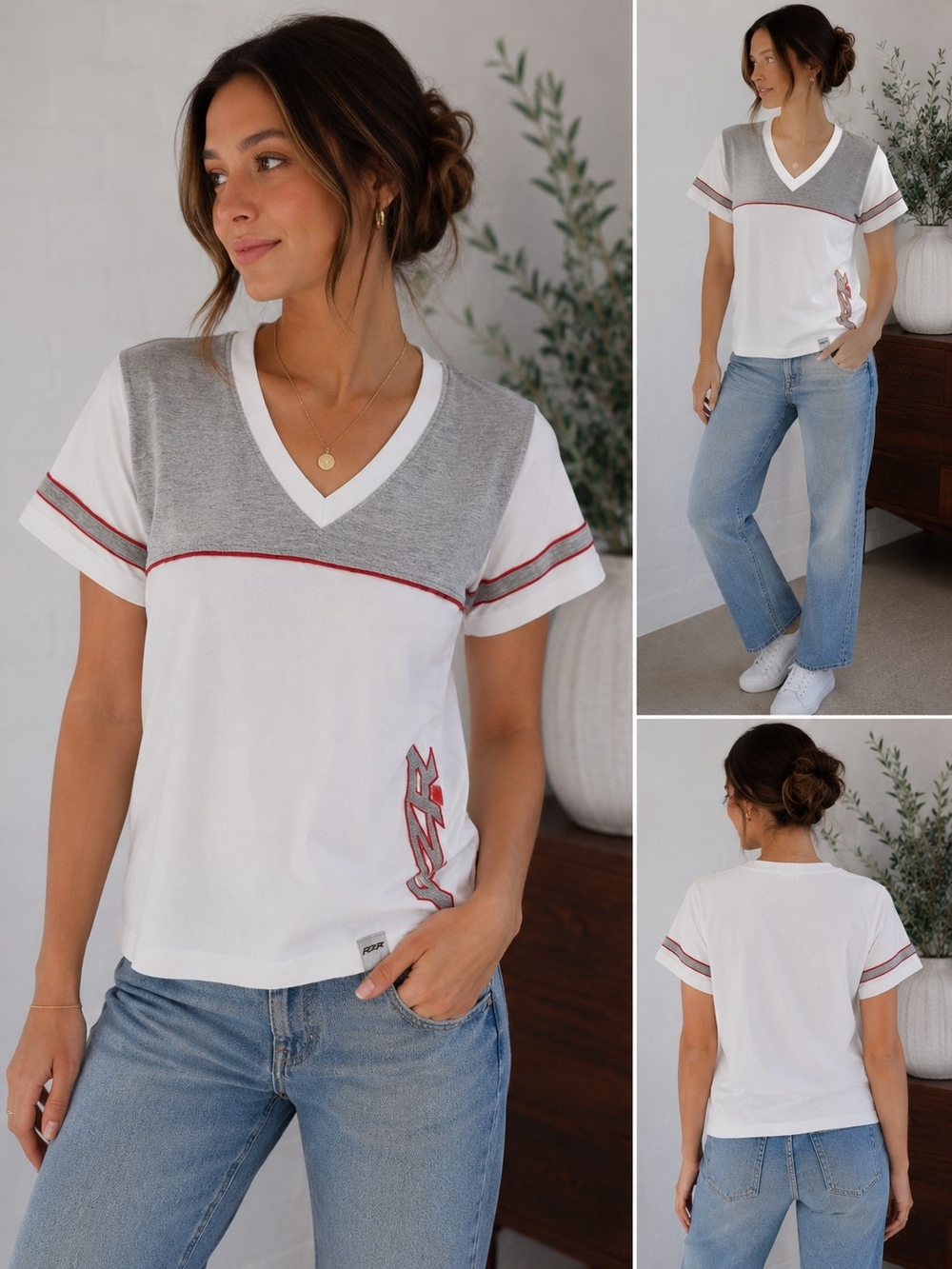 Razor White V-Neck Tee with Gray Yoke and Red Trim